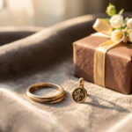 Des bijoux symboliques élégants posés sur un tissu en velours, avec une petite composition florale et un coffret cadeau, lumière naturelle douce et détails réalistes.