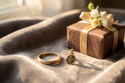 Des bijoux symboliques élégants posés sur un tissu en velours, avec une petite composition florale et un coffret cadeau, lumière naturelle douce et détails réalistes.