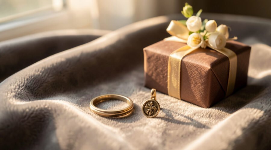 Des bijoux symboliques élégants posés sur un tissu en velours, avec une petite composition florale et un coffret cadeau, lumière naturelle douce et détails réalistes.