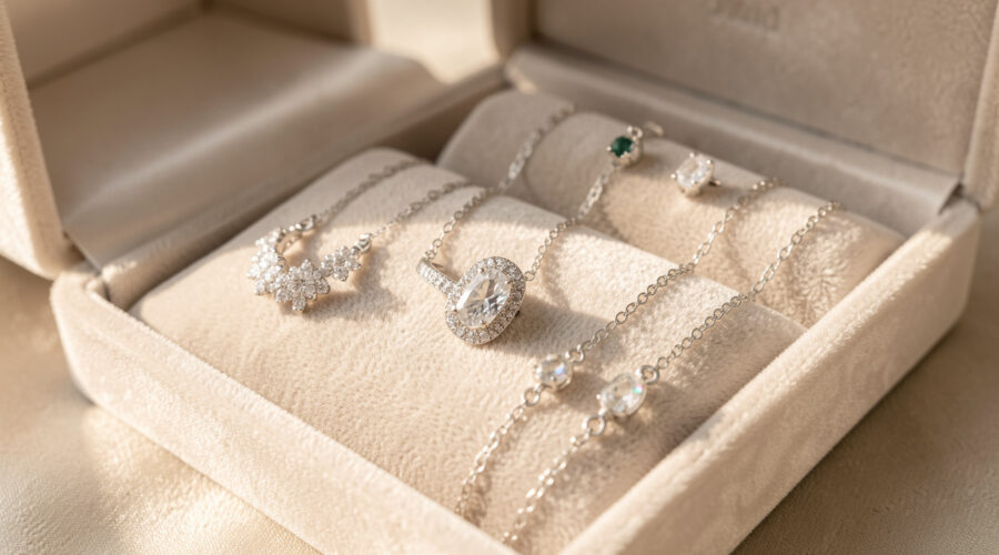 Coffret élégant contenant plusieurs bijoux assortis, disposés avec soin sur un velours clair, dans une ambiance raffinée et lumineuse.