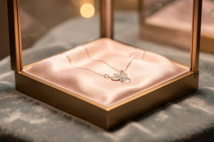 Un écrin élégant ouvert avec un collier délicat posé sur un satin doux, ambiance intime en tons pastel avec une lumière chaleureuse et un arrière-plan légèrement flou.