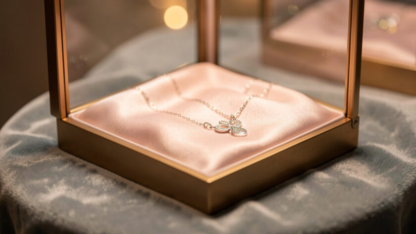 Un écrin élégant ouvert avec un collier délicat posé sur un satin doux, ambiance intime en tons pastel avec une lumière chaleureuse et un arrière-plan légèrement flou.