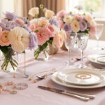 Table de fête prénatale chic avec fleurs pastel, vaisselle élégante et bijoux délicats, éclairage doux et ambiance raffinée.