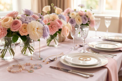Table de fête prénatale chic avec fleurs pastel, vaisselle élégante et bijoux délicats, éclairage doux et ambiance raffinée.