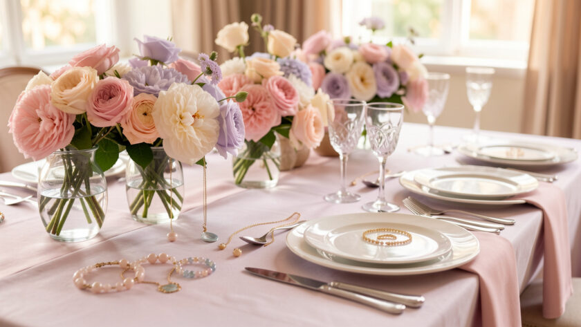 Table de fête prénatale chic avec fleurs pastel, vaisselle élégante et bijoux délicats, éclairage doux et ambiance raffinée.