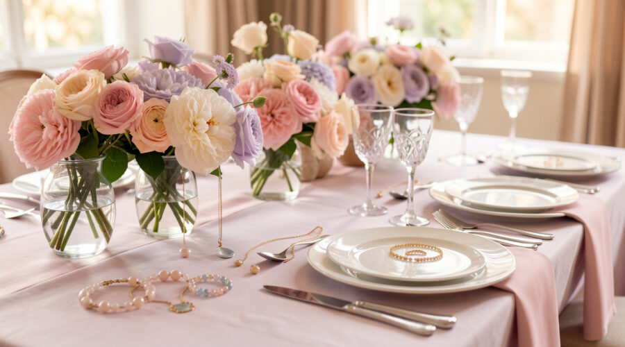 Table de fête prénatale chic avec fleurs pastel, vaisselle élégante et bijoux délicats, éclairage doux et ambiance raffinée.