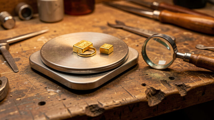 Balance de précision pesant une bague en or jaune, accompagnée d’un petit lingot et d’une loupe sur l’établi chaleureux d’un joaillier.