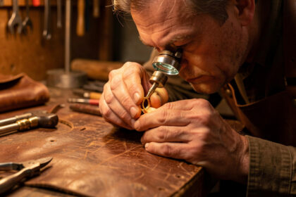 Un bijoutier examine une bague ancienne en or à l’aide d’une loupe sur un établi de maroquinerie éclairé par une lumière chaude.