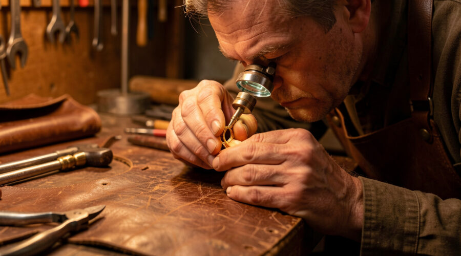 Un bijoutier examine une bague ancienne en or à l’aide d’une loupe sur un établi de maroquinerie éclairé par une lumière chaude.