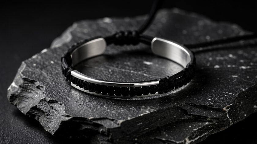 Bracelet menottes en argent poli monté sur un cordon noir et posé sur une pierre sombre, éclairé par une lumière d’atelier.