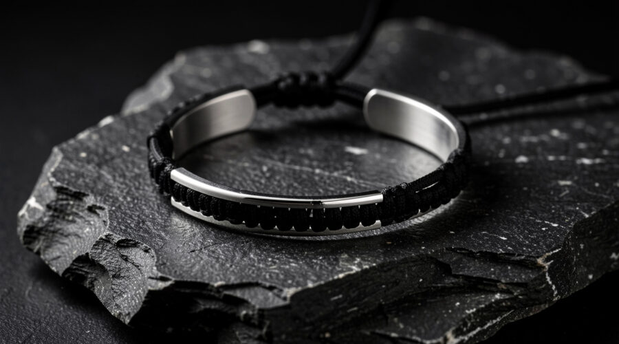 Bracelet menottes en argent poli monté sur un cordon noir et posé sur une pierre sombre, éclairé par une lumière d’atelier.