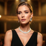Chanteuse élégante en tenue noire sur une scène lyonnaise, éclairée par des projecteurs dorés et portant des bijoux lumineux.