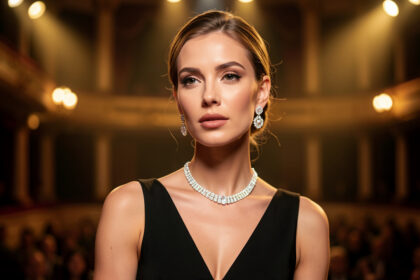 Chanteuse élégante en tenue noire sur une scène lyonnaise, éclairée par des projecteurs dorés et portant des bijoux lumineux.
