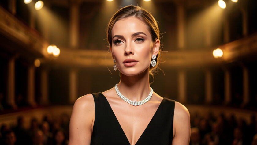 Chanteuse élégante en tenue noire sur une scène lyonnaise, éclairée par des projecteurs dorés et portant des bijoux lumineux.