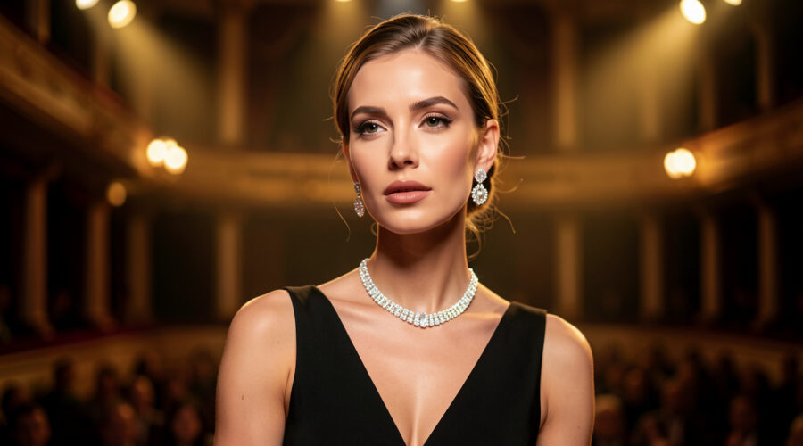 Chanteuse élégante en tenue noire sur une scène lyonnaise, éclairée par des projecteurs dorés et portant des bijoux lumineux.