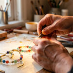 Mains d’une artisane façonnant un bracelet en laiton avec des pinces et des perles sur un établi de bijouterie lumineux à Aubagne.
