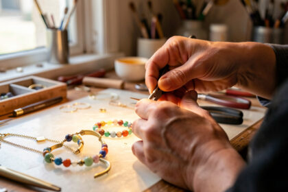 Mains d’une artisane façonnant un bracelet en laiton avec des pinces et des perles sur un établi de bijouterie lumineux à Aubagne.