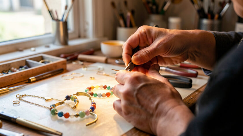 Mains d’une artisane façonnant un bracelet en laiton avec des pinces et des perles sur un établi de bijouterie lumineux à Aubagne.