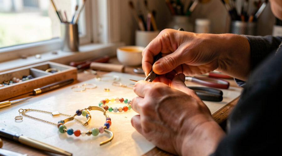 Mains d’une artisane façonnant un bracelet en laiton avec des pinces et des perles sur un établi de bijouterie lumineux à Aubagne.