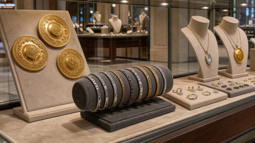 Vitrine lumineuse d’une bijouterie contemporaine présentant des médaillons, bracelets et pendentifs aux motifs ciselés, dans une ambiance élégante et artisanale.
