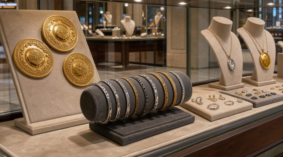 Vitrine lumineuse d’une bijouterie contemporaine présentant des médaillons, bracelets et pendentifs aux motifs ciselés, dans une ambiance élégante et artisanale.